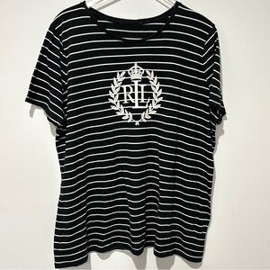 Ralph Lauren Black White StripedShort Sleeve Tee Logo Front Crystal Accents